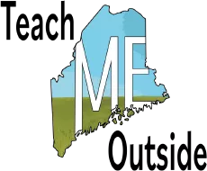 This is an image of the Teach ME Outside logo, which includes text of the organization name superimposed on an outline of the state of Maine, which contains a green field representing the ground and a blue field above representing the sky.