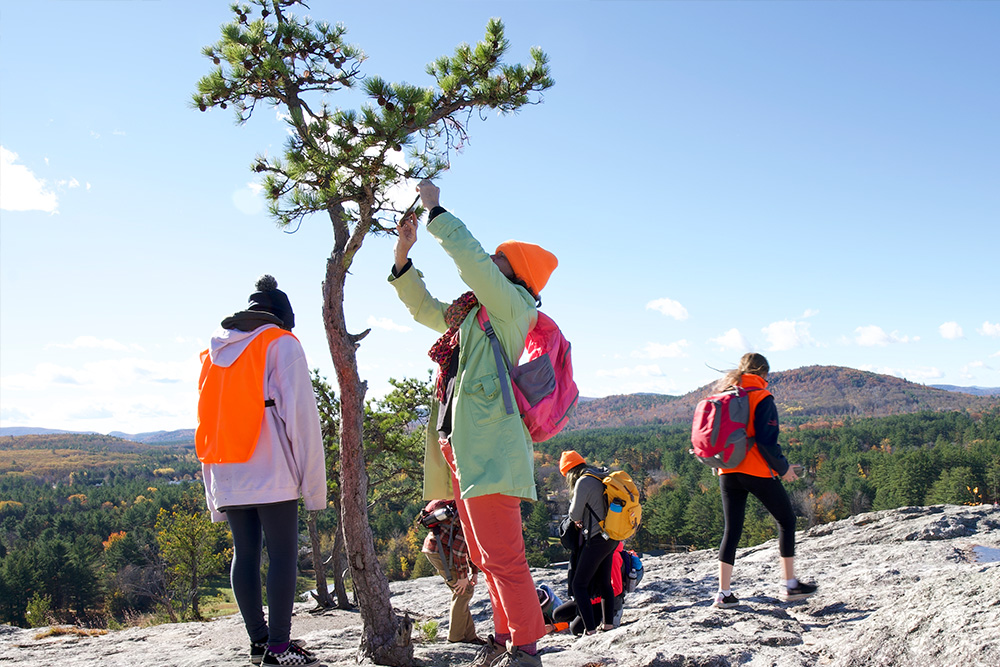 Children wearing blaze orange accessories and backpacks on top of a mountain explore the environment, which includes a scraggly pine tree in the foreground and fall foliage in the distance.