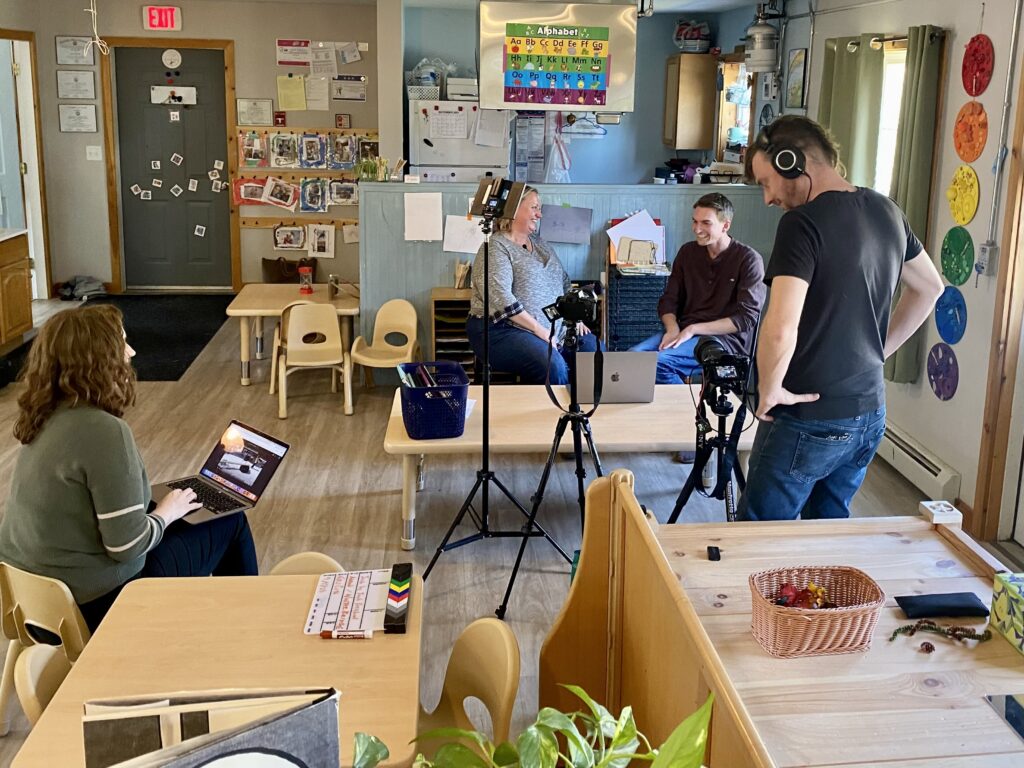 A behind the scenes photo from our SciEPlay video interviews. Pictured left to right: Maranda Chung (MMSA), Rachel Larimore (Samara Early Learning), Aaron Beaumont (professional learning partner), and Tom Goodwin (MMSA).