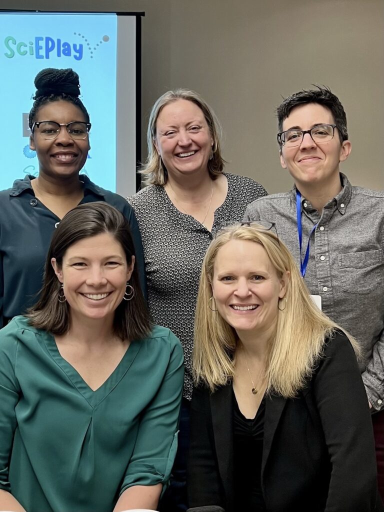 The SciEPlay team presenting at the NARST 2024 Conference. Pictured left to right: Hildah Makori (Bowdoin College), Kate Cook Whitt (MMSA), Rachel Larimore (Samara Early Learning), Alison Miller (Bowdoin College), and Lauren Saenz (Bowdoin College).