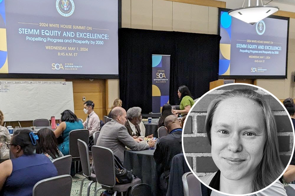 A photo of the summit conference room with people sitting at tables and two screens showing a welcome message; a photo of Heidi Cian is superimposed on the previously described image.