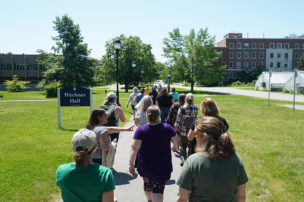 A group of educators walk down a path on the University of Maine's Orono campus.