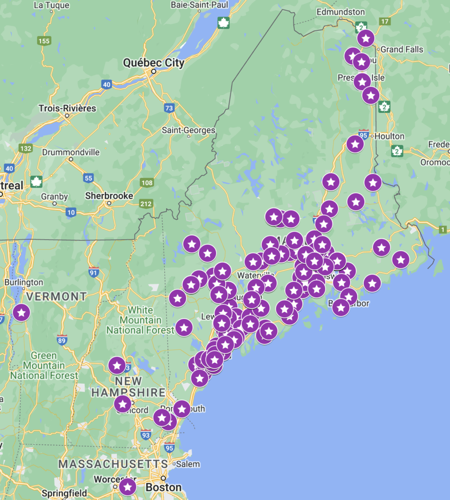 A map showing that educators are traveling from all parts of Maine and beyond to attend the conference.