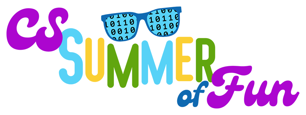 Logo for the CS Summer of Fun, which includes a pair of sunglasses with binary code on the lenses along with stylized words spelling out the name of the event.