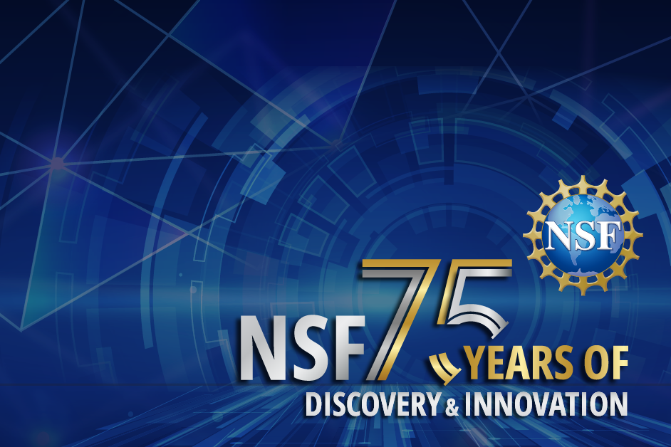 Abstract background with text "NSF 75 years of discovery & innovation."