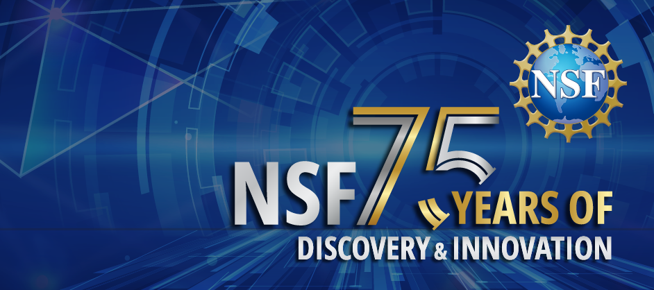 Abstract background with text "NSF 75 years of discovery & innovation."