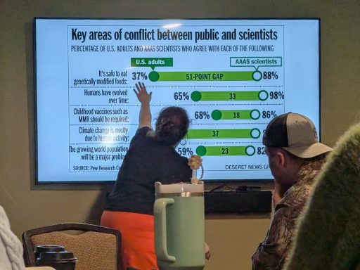 MMSA staff member presenting on key areas of conflict between public and scientists at the STEM PD retreat.