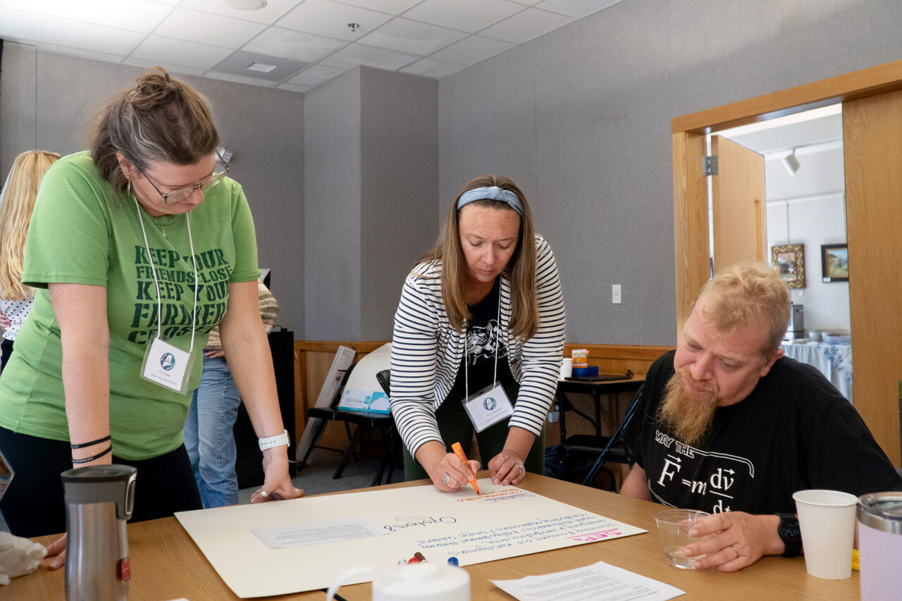 Participants in a writing retreat collaborate on a poster activity.