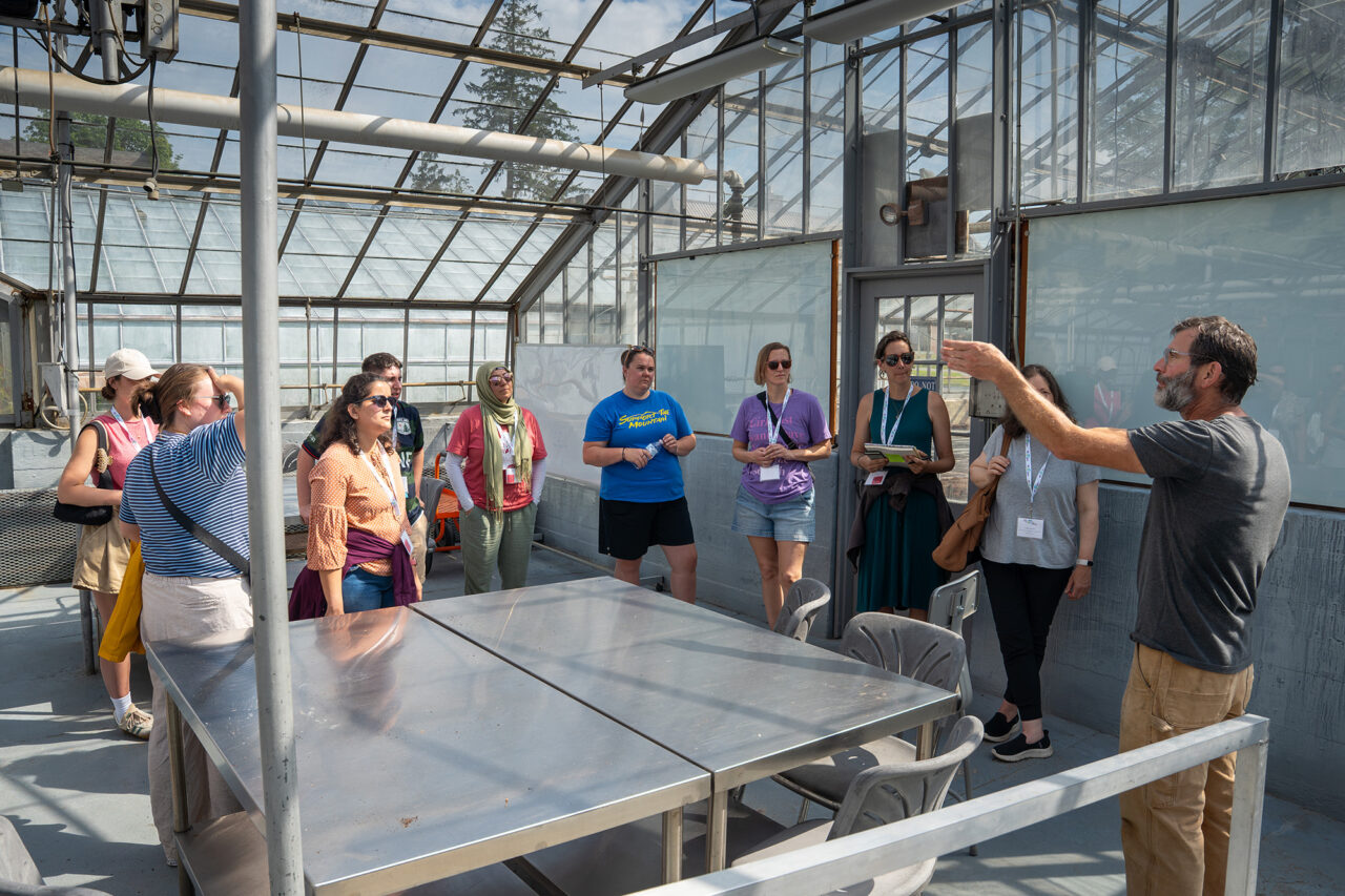 Teachers participants in the smart greenhouses project attend a presentation at the CS Summer of Fun inside a regular greenhouse.
