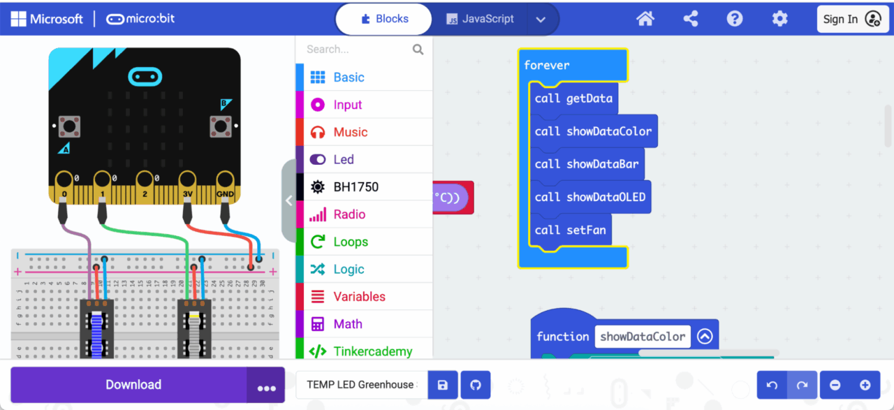 A screenshot of the micro:bit application showing a diagram of the hardware as well as the blocks of code controlling it.